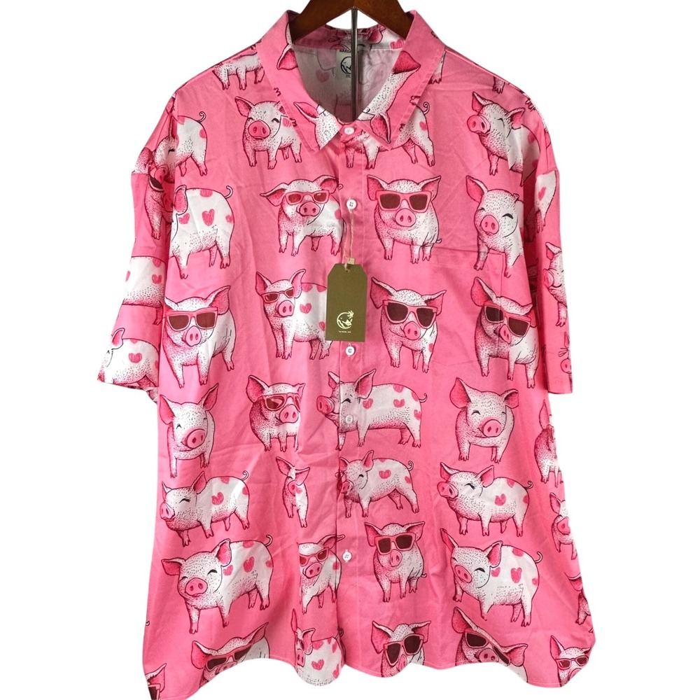 Hardaddy Mens 3XL Pink Pig Sunglasses Heart Print Short Sleeve Novelty Shirt